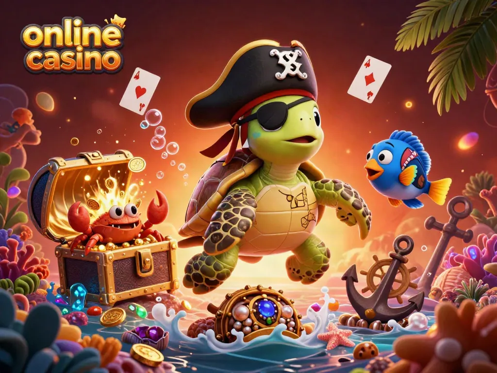 Experience excitement at our online casino with a 3D pirate-themed treasure hunt scene.