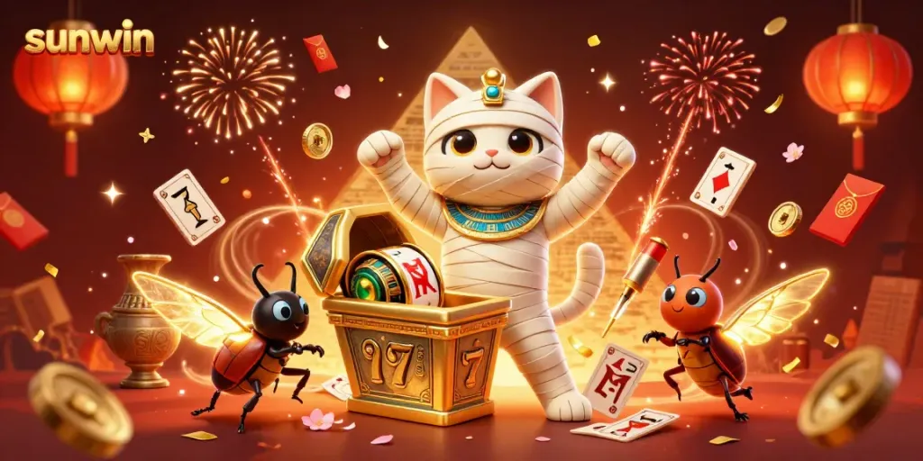 Experience the excitement of sunwin casino games with a mummy cat bursting from a sarcophagus.