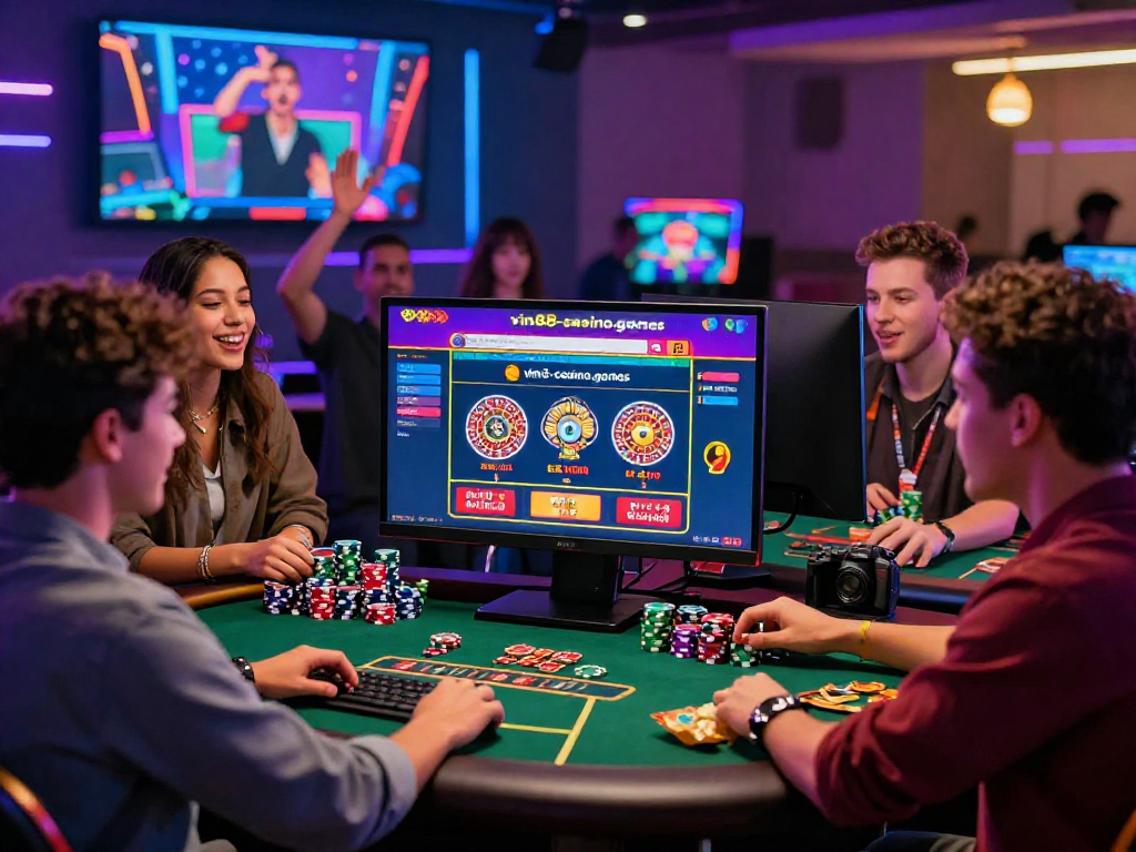 Group enjoying a thrilling game night at https://vin88-casino.games/, showcasing online casino excitement with friends and vibrant setup.