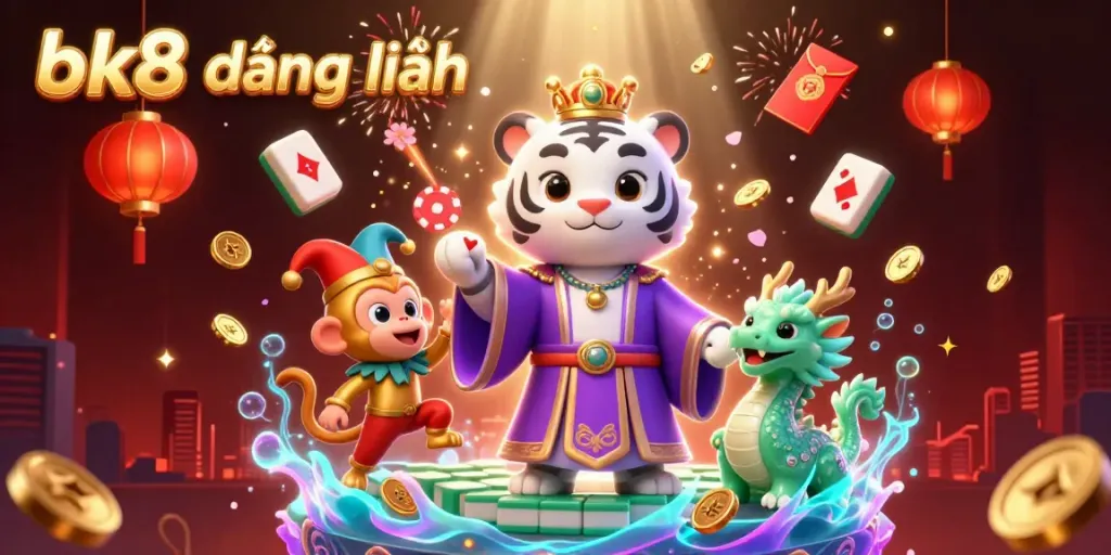 Experience the excitement of bk8 đăng nhập with a whimsical scene featuring a royal tiger, jester monkey, and jade dragon amid vibrant casino elements.
