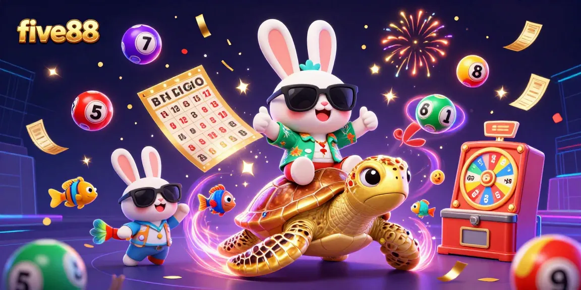 Experience the thrill with five88 as the lucky rabbit rides a turtle amidst vibrant gambling elements.