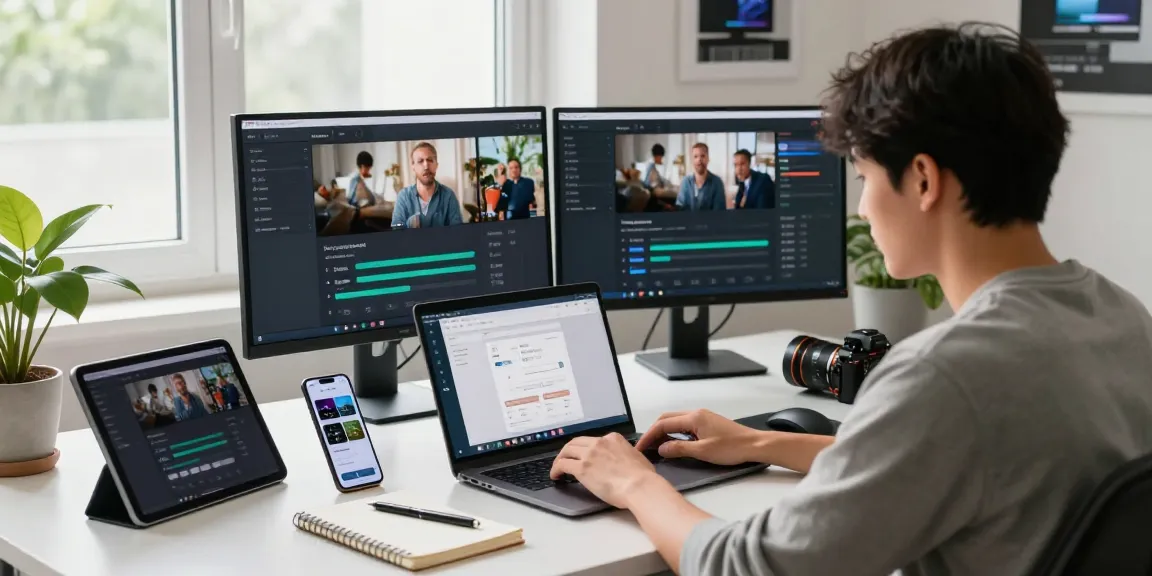 Aplicativo para baixar vídeo em uso em um escritório moderno, com tela mostrando downloads de vídeo.