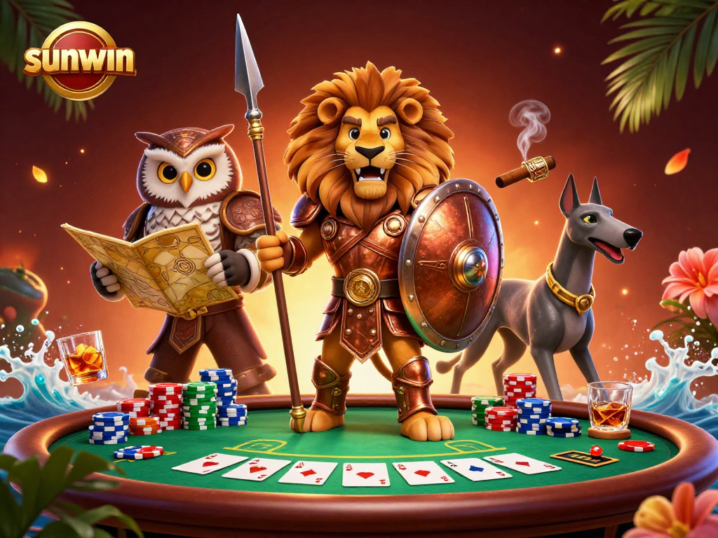 Engage with sunwin's thrilling poker strategies highlighted by vibrant characters and rich casino elements.
