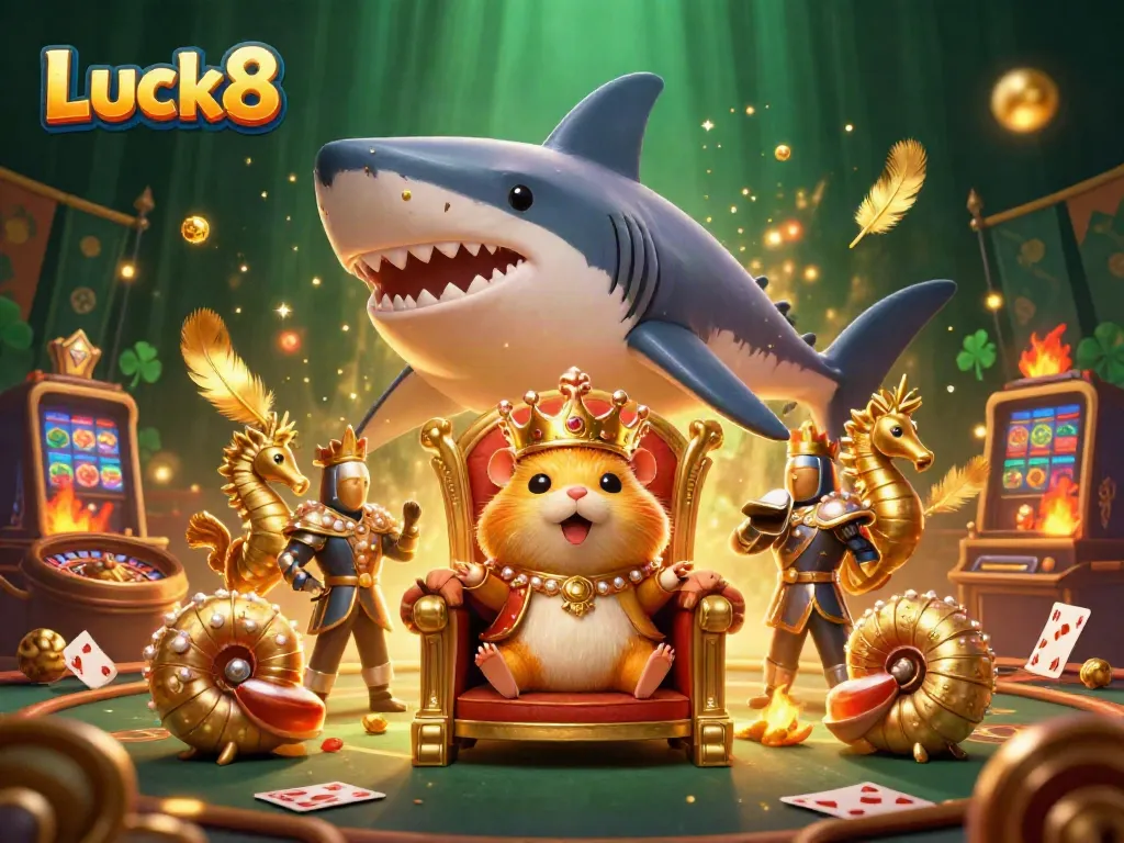 Experience the vibrant Luck8 casino atmosphere with a fierce golden hamster king on his megalodon throne, surrounded by gaming elements.