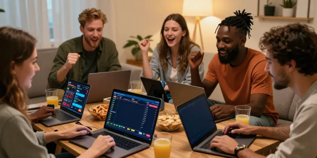 Friends enjoying online betting session at https://uk88win.org/ with live sports on screen.