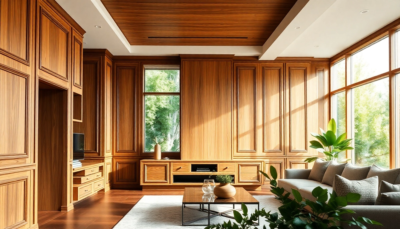 Showcasing interior architectural woodwork in a bright modern living room with elegant wooden designs.
