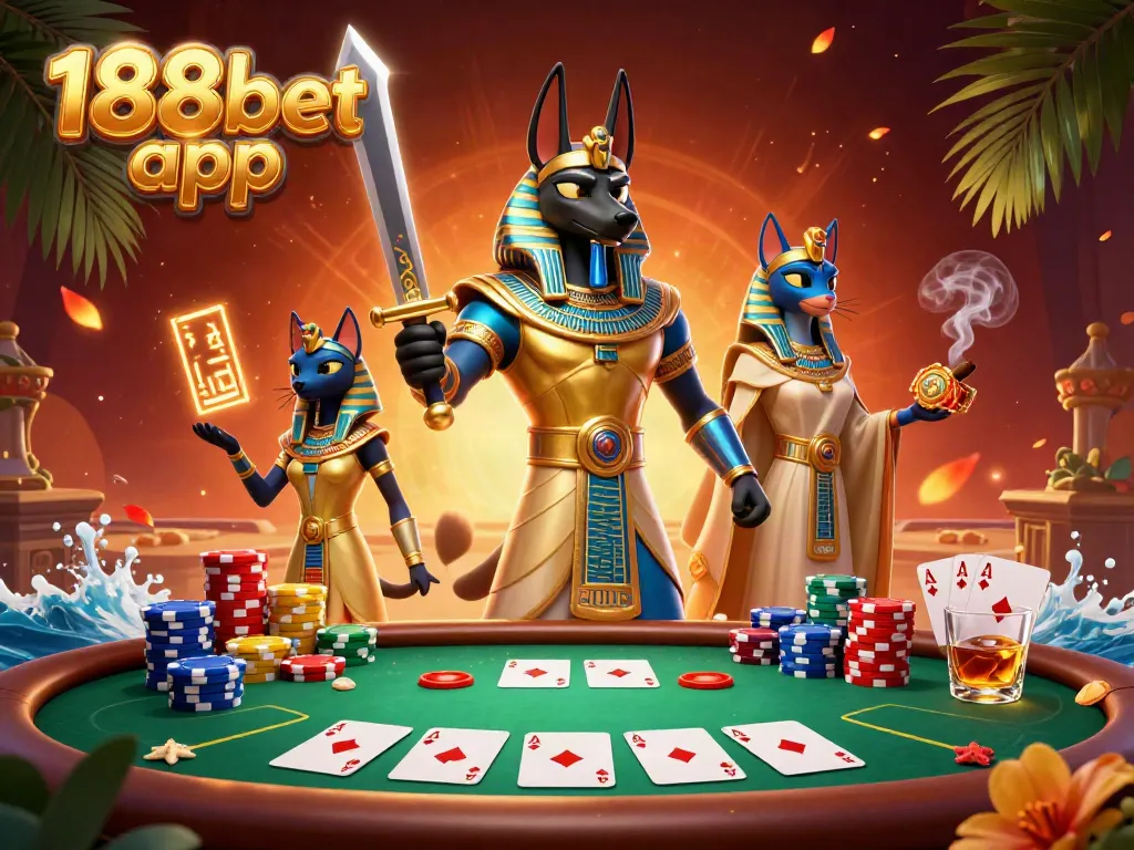 Engage with the 188bet app featuring dynamic poker elements and 3D Egyptian characters in a vibrant scene.