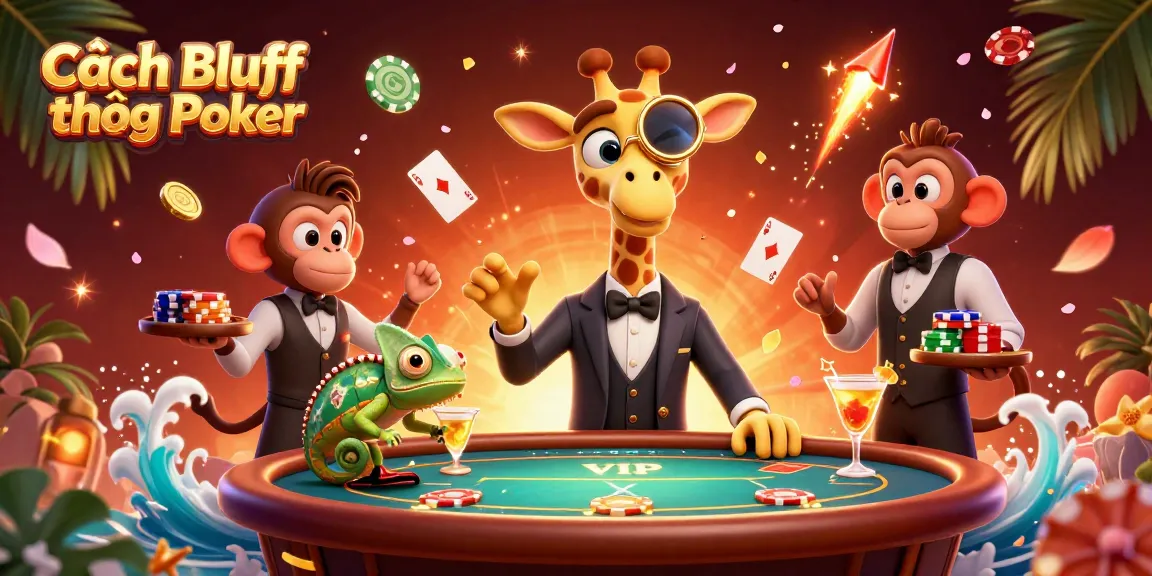 Cách Bluff trong Poker with a high-roller giraffe and monkey valet at a lively poker table surrounded by dynamic elements.