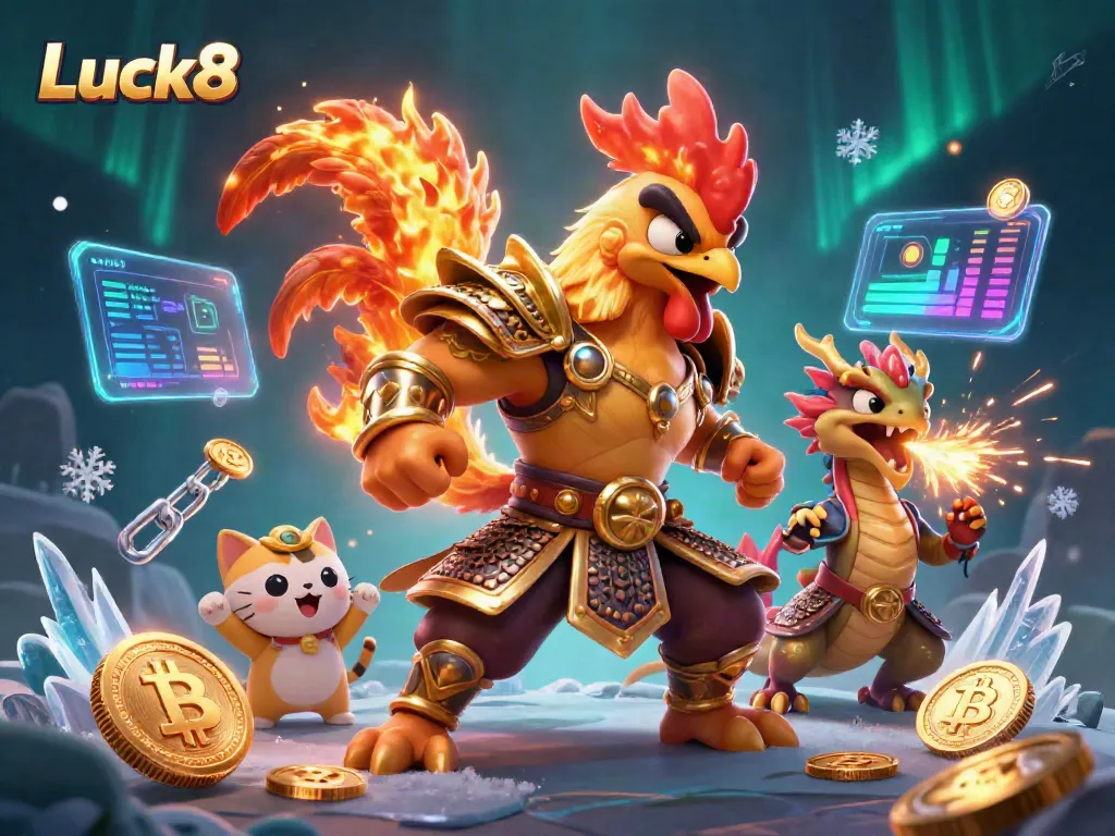 Luck8 offers an exciting casino experience with a rooster warrior and dragon in a vibrant scene.