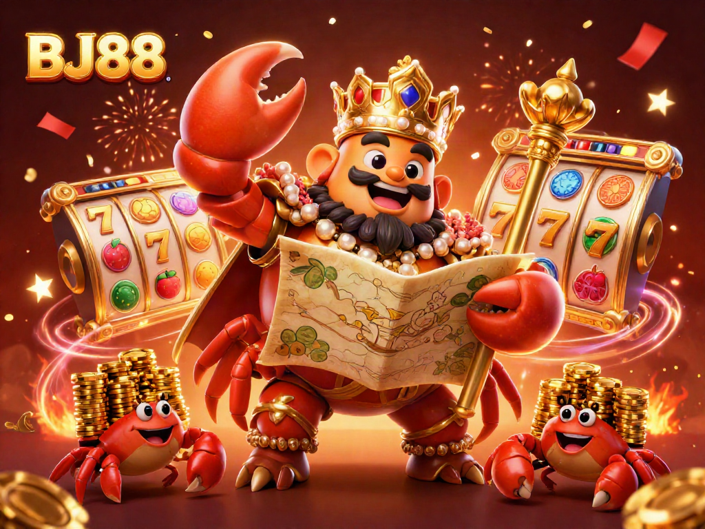 Spin reels for big wins at BJ88, featuring a golden crab emperor amidst vibrant casino elements.