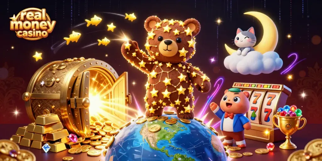Engage in thrilling adventures at a vibrant real money casino, featuring starry characters and dynamic game elements.