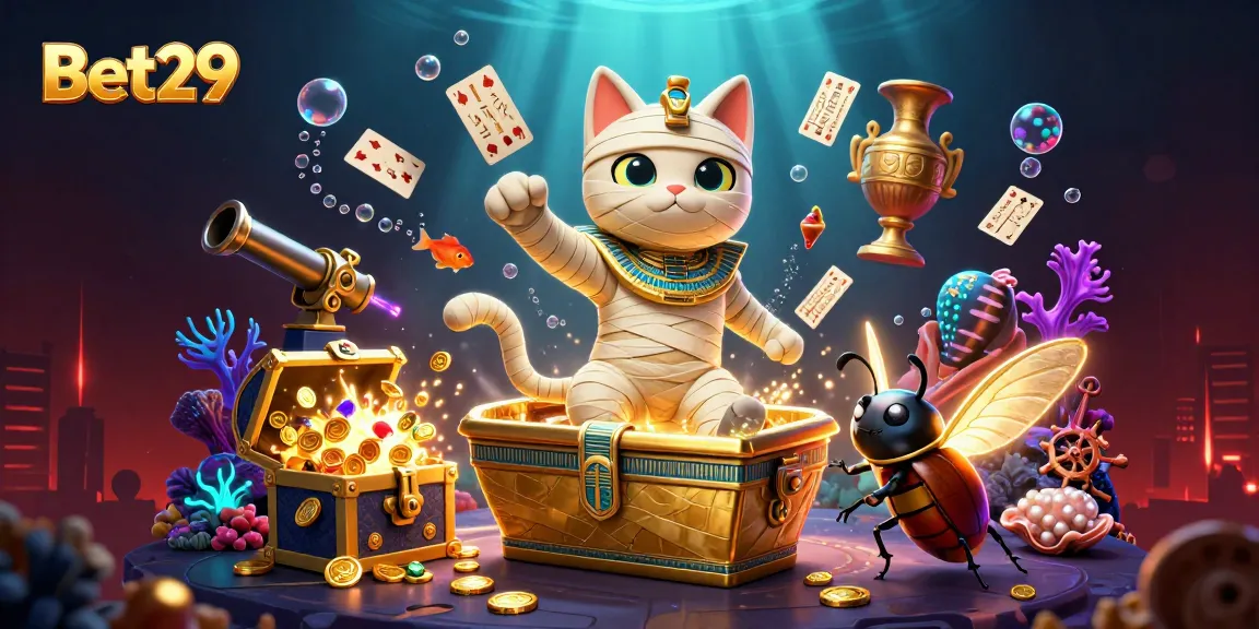Bet29 offers thrilling gaming opportunities within a vibrant 3D casino scene filled with treasure.