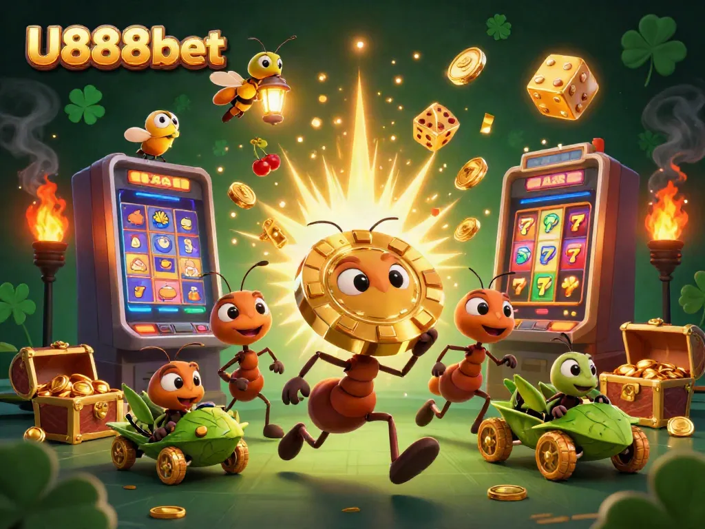 Experience the thrilling heist of ants with golden poker chip in U888bet's vibrant casino world.