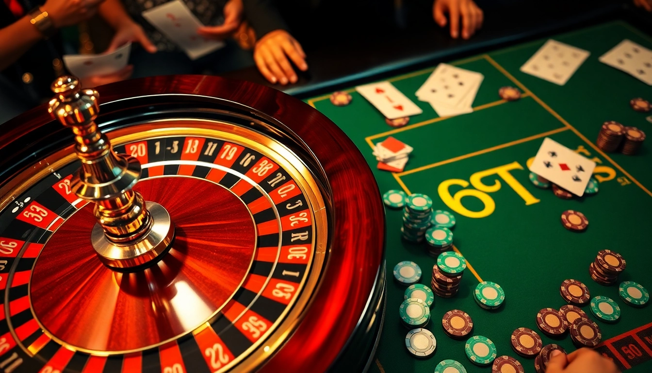 Cena de cassino envolvente com roleta e fichas de pôquer, com motivo da marca 69T.