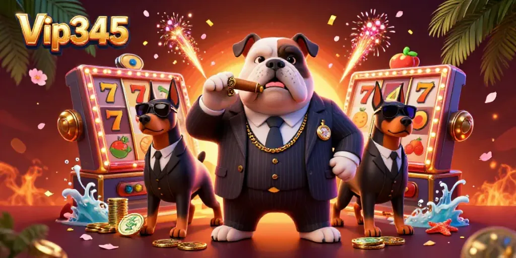 Engage in thrilling gameplay at Vip345 with a mafia boss bulldog and his Doberman guards amidst vibrant slot elements.