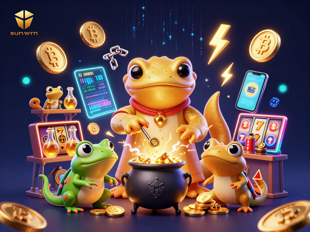 Join the enchanting sunwin casino experience with a golden salamander alchemist and crypto elements.