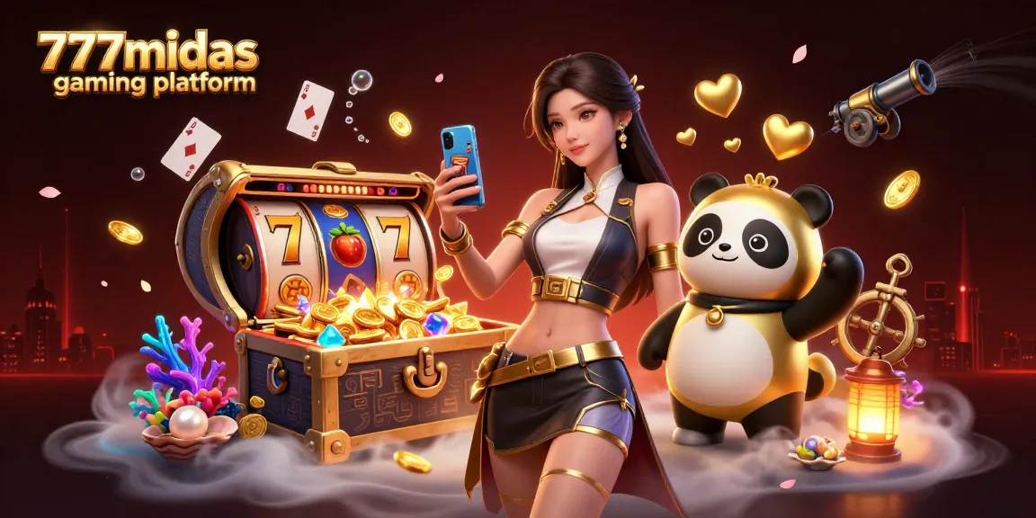 Engage with 777midas gaming platform, featuring vibrant characters and exciting casino game elements.