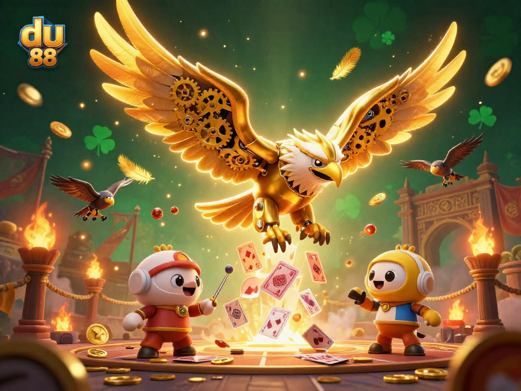 Engage in thrilling gameplay at du 88 with a golden eagle diving through holographic cards.