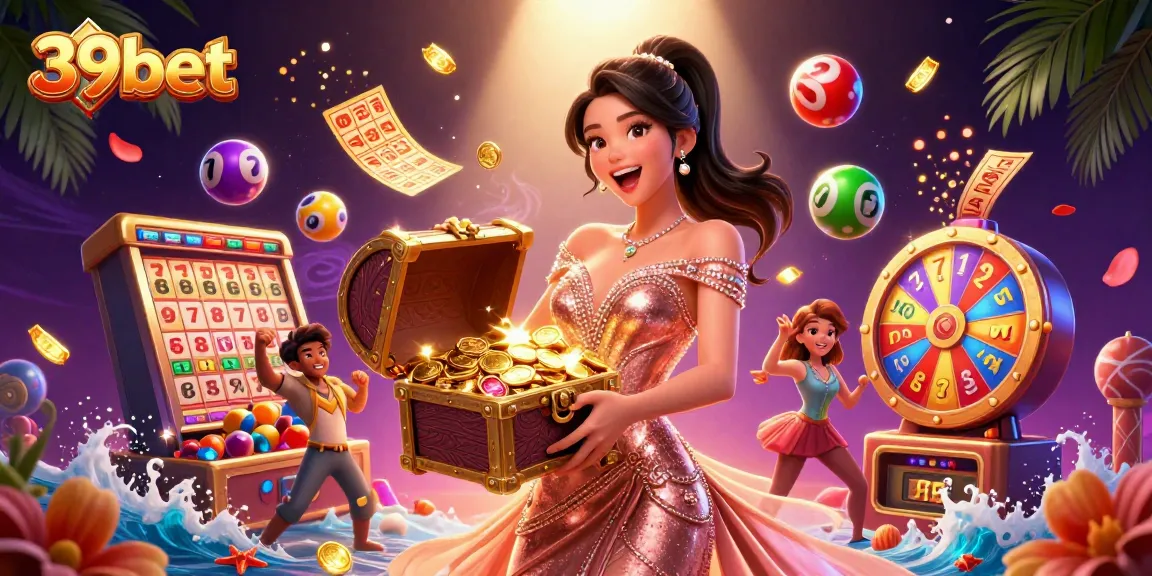 Engage with 39bet's vibrant casino atmosphere featuring golden treasures and lively slot elements.