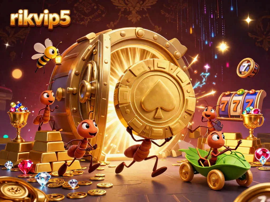 rikvip5 cartoon ants heist illustration with golden poker chip in a dynamic casino scene