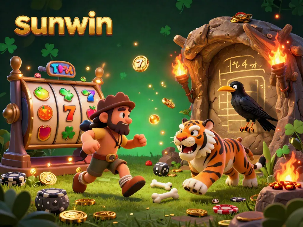 Experience thrilling gameplay at sunwin with an illustration of prehistoric casino fun featuring a caveman, saber-toothed tiger, and crow.