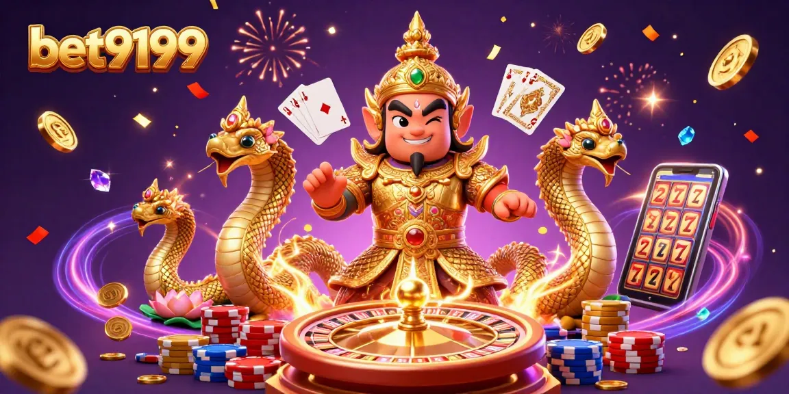 Experience the excitement of betting with bet9199's dynamic casino scene featuring a guardian and gold elements.