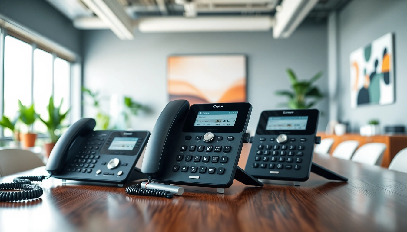 Showcase of office phone systems in a contemporary office, emphasizing style and functionality.