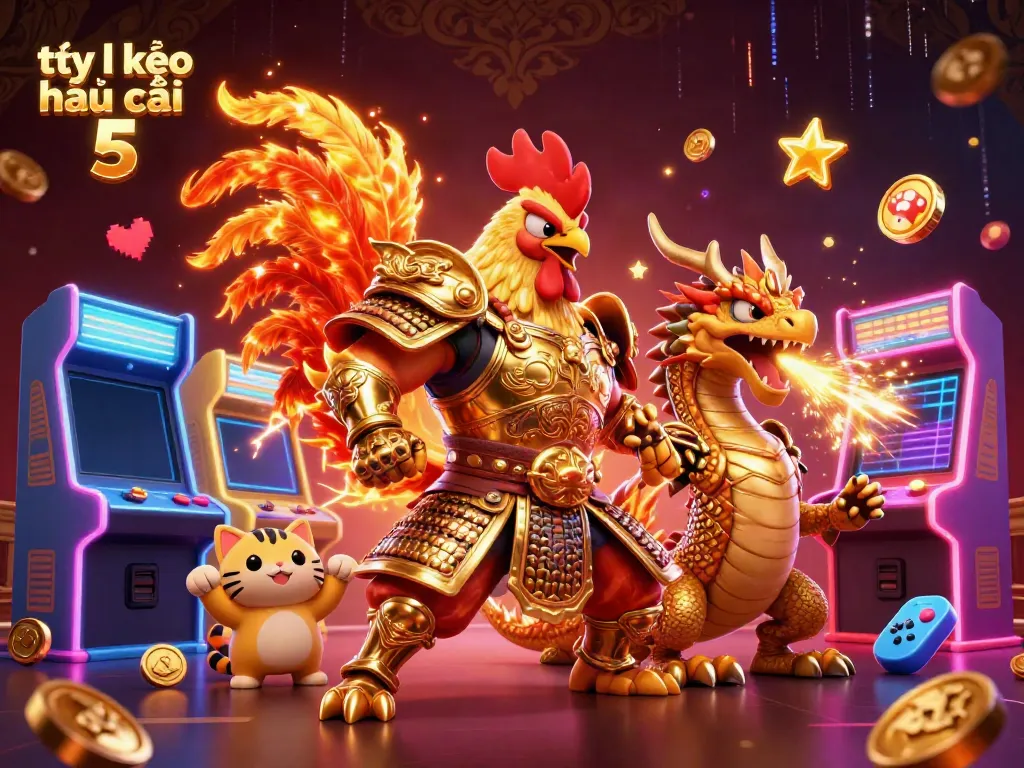 Bet on tỷ lệ kèo nhà cái 5 while enjoying a vibrant 3D digital art scene featuring heroic characters and arcade elements.