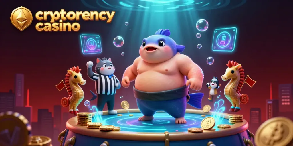 Engaging cryptocurrency casino scene with a fugu, catfish, and seahorses playing games and celebrating.