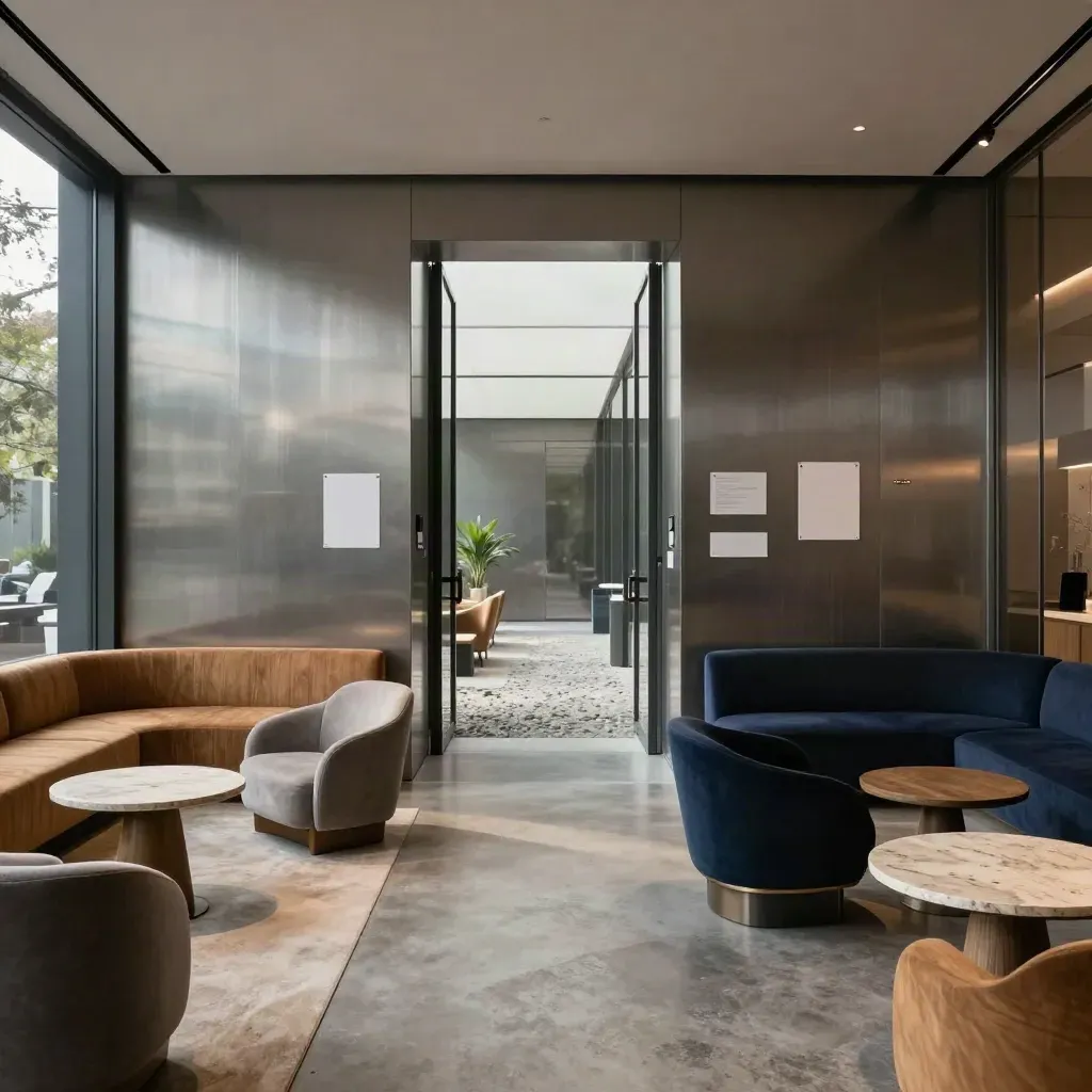 Lounge moderno com dois conjuntos de convivência ligados por corredor de pedra e vidro.