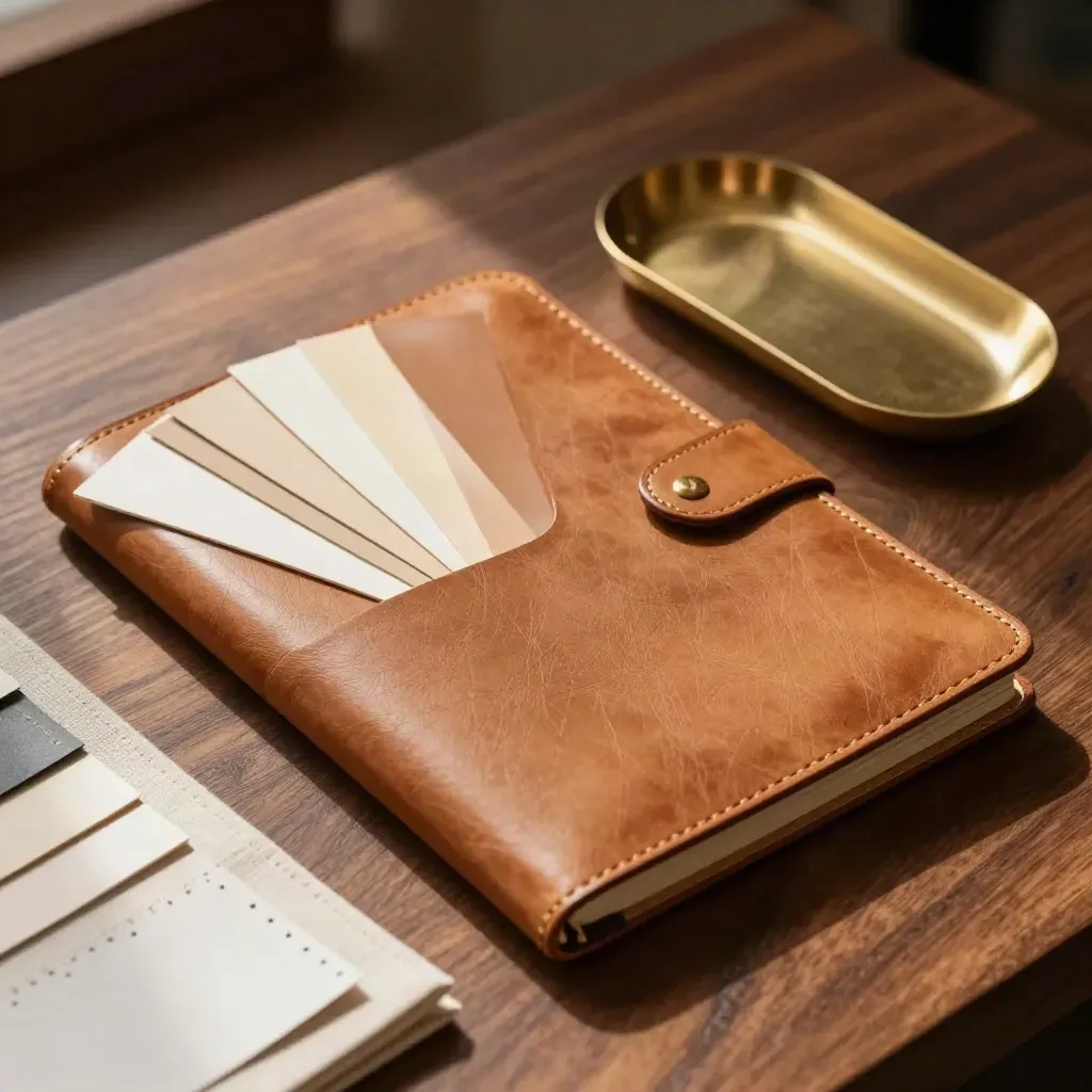 Kit de consultoria com caderno de couro fechado, amostras e bandeja de latão sobre nogueira.