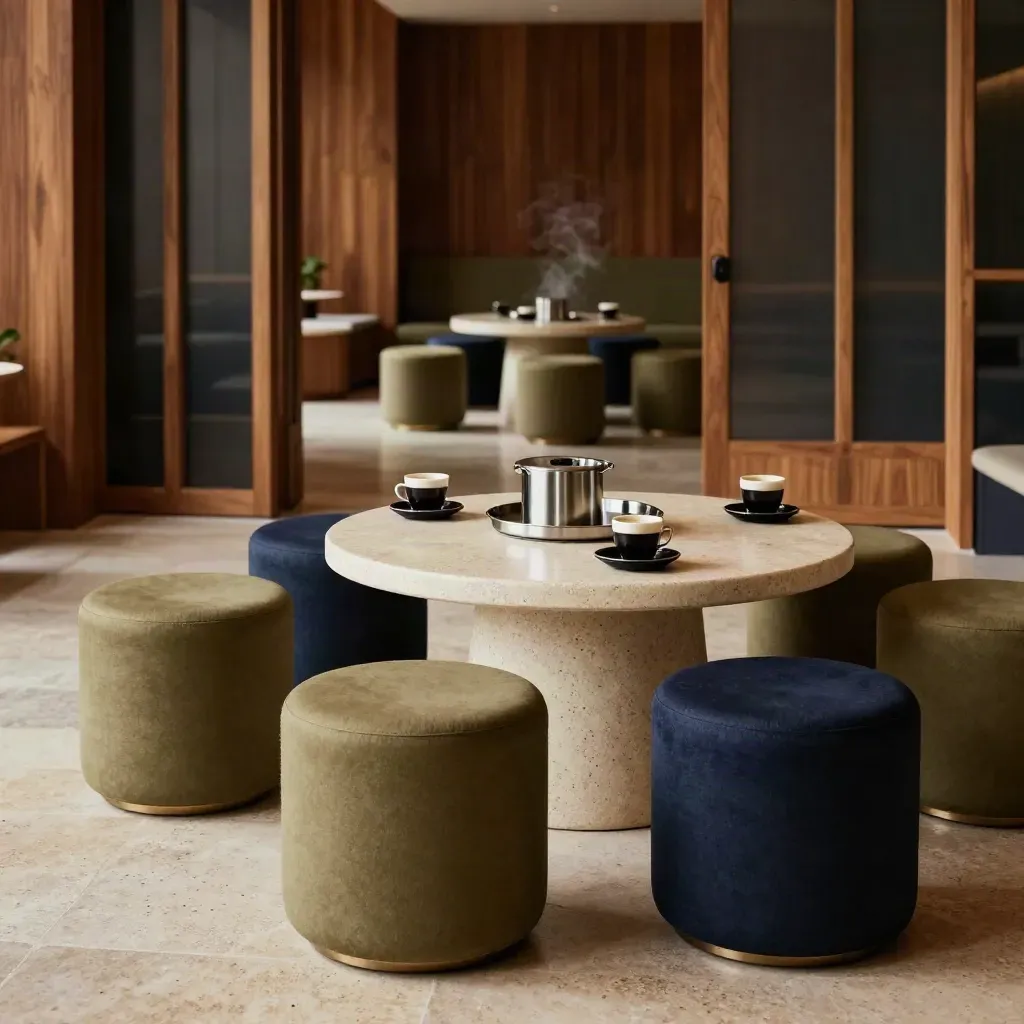 Lounge de founders com mesas baixas, bancos circulares e xícaras de espresso em luz dramática.