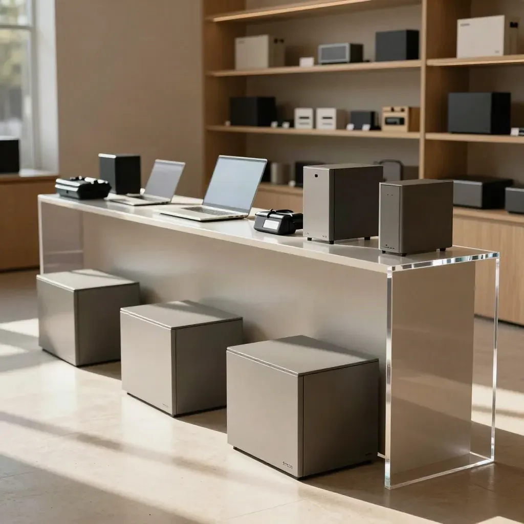 Showroom moderno com display de revenda SaaS, caixas seladas e laptop fechado em plintos acrílicos.