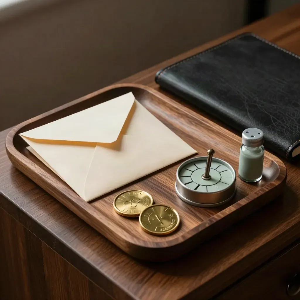 Kit de indicações sobre madeira, com envelopes selados, fichas de latão e roldana de contagem.