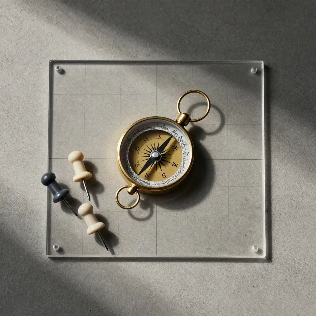 Bússola de latão e pinos de rota sobre concreto, com placa acrílica de planejamento.