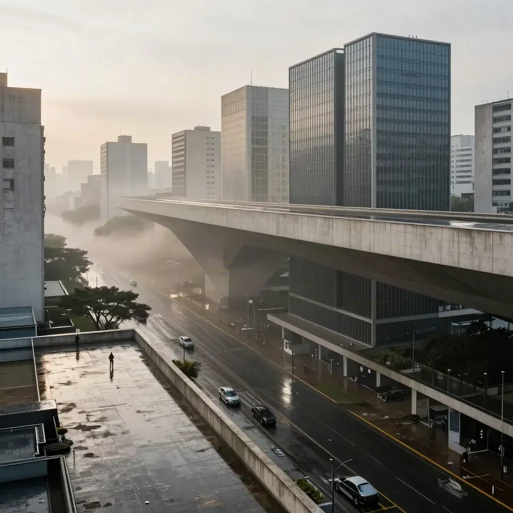 MASP e a Paulista sob neblina ao amanhecer, com rooftops molhados e céu calmo.