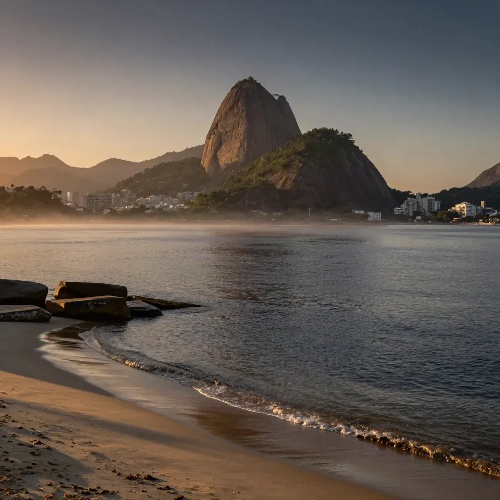 Vista do Pão de Açúcar e da Baía de Guanabara ao pôr do sol, com névoa dourada.