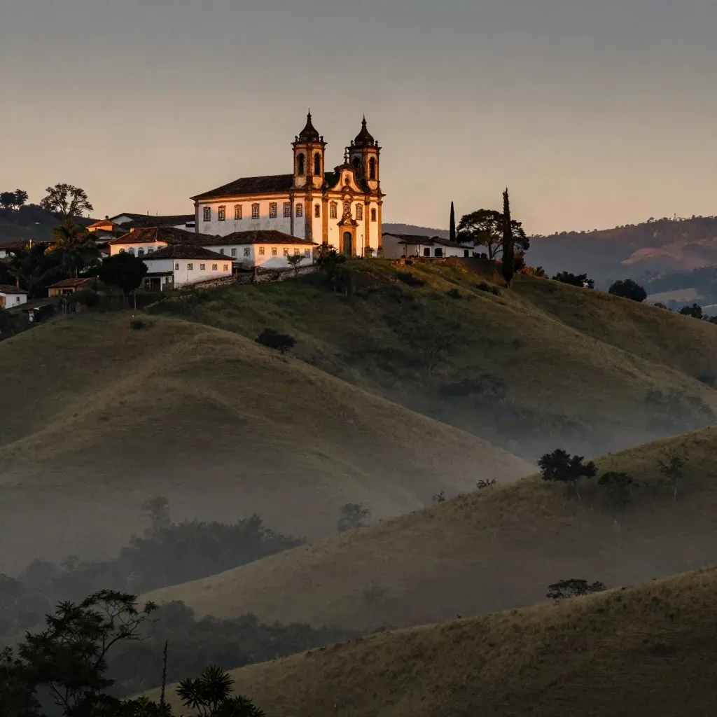 Vista aérea de Ouro Preto ao entardecer, igreja barroca no alto e vales enevoados abaixo.