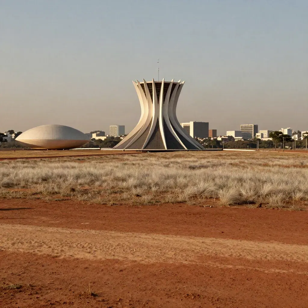 Brasília moderna sobre o Cerrado, com concreto claro, capim seco e luz da tarde.