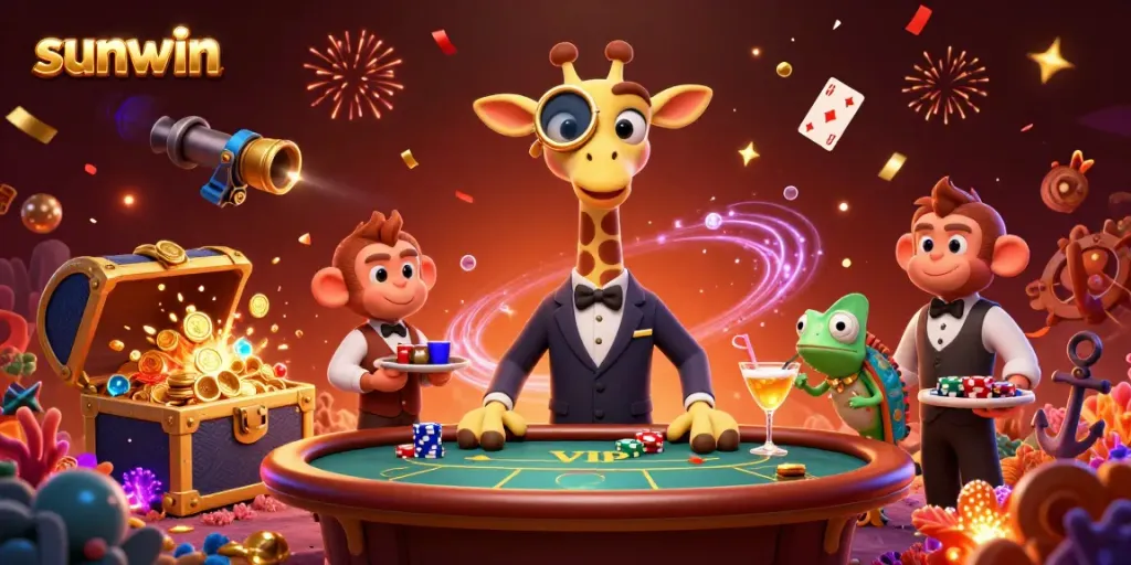 Experience high-stakes gaming with vibrant sunwin characters celebrating a jackpot win in a dynamic casino scene.