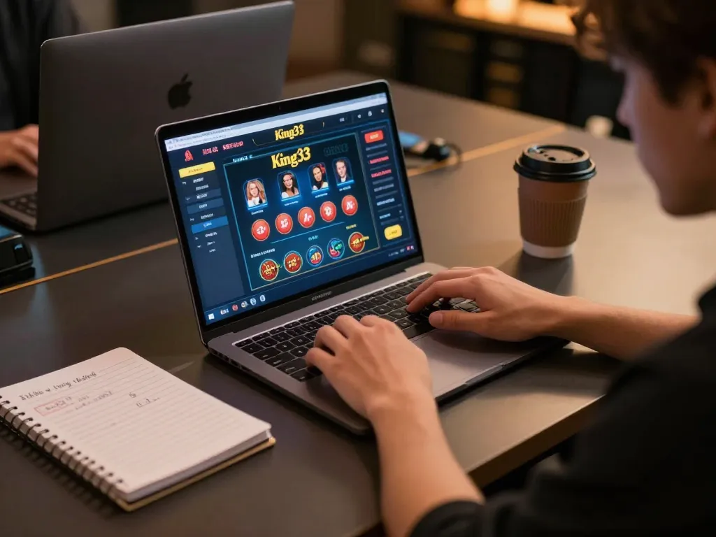 Engaging in online gaming on king33 platform with a laptop and strategy notes.