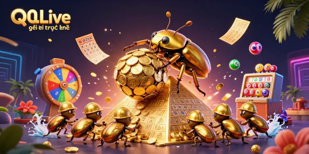 Engage with lively entertainment on QQLive giải trí trực tuyến featuring golden beetles and casino elements.