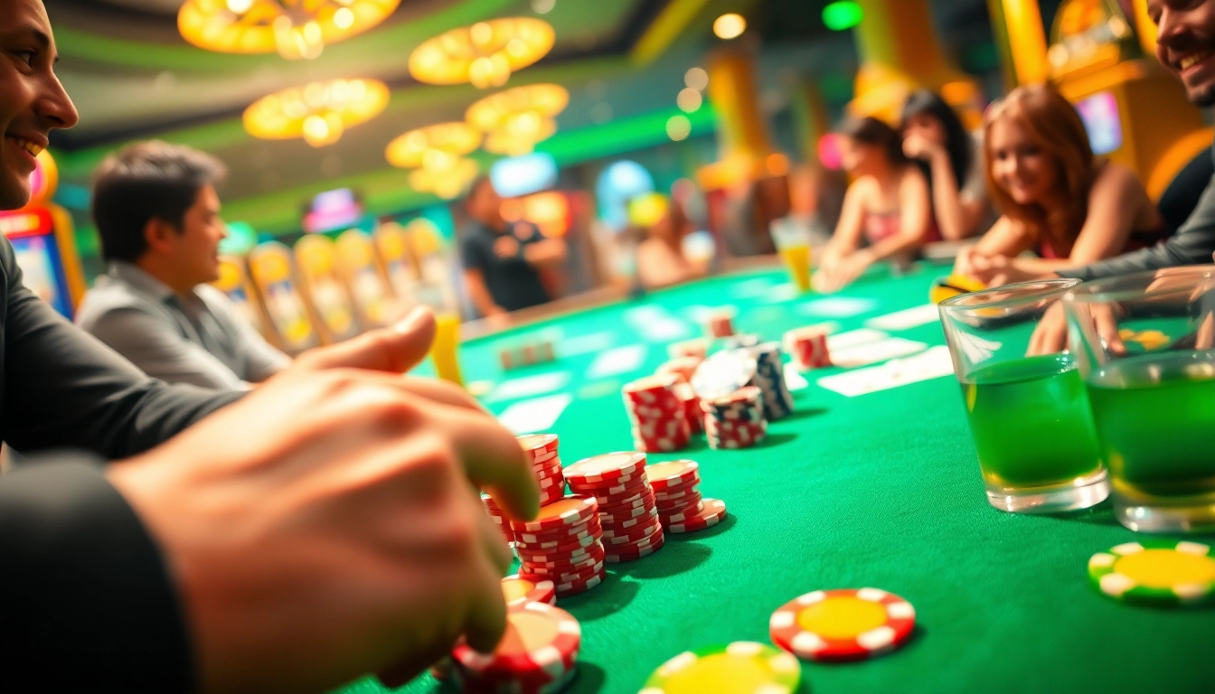 Découvrez l'excitation d'un casino francais en ligne avec des joueurs autour d'une table de poker.