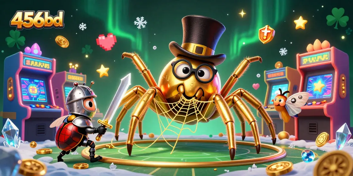Experience the thrill of 456bd with a golden tarantula and beetle knight in this lively casino scene.