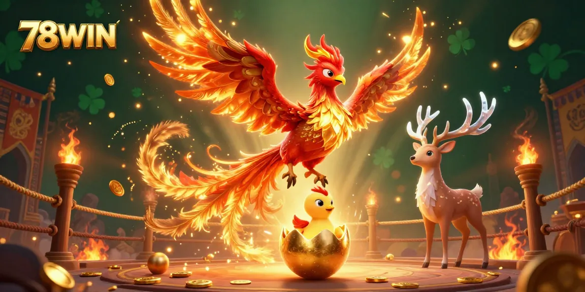 Engage with 78WIN's thrilling casino scene featuring a majestic phoenix and vibrant game elements.