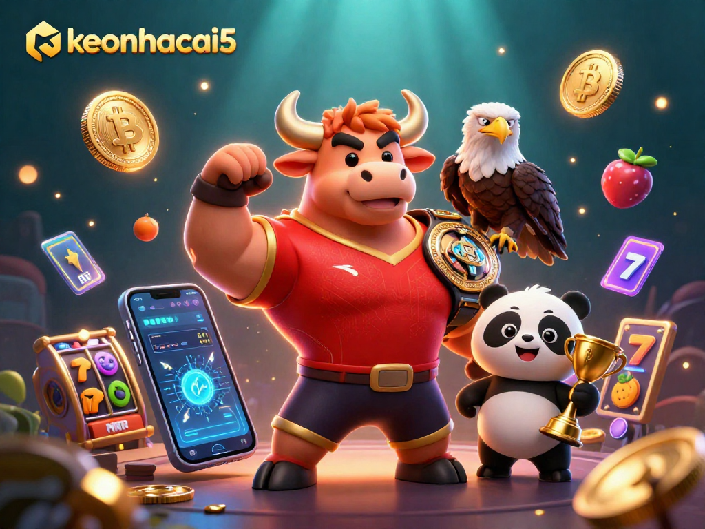 Engage in exciting gameplay with keonhacai5 featuring a bull mascot, eagle, and panda in a vibrant casino scene.