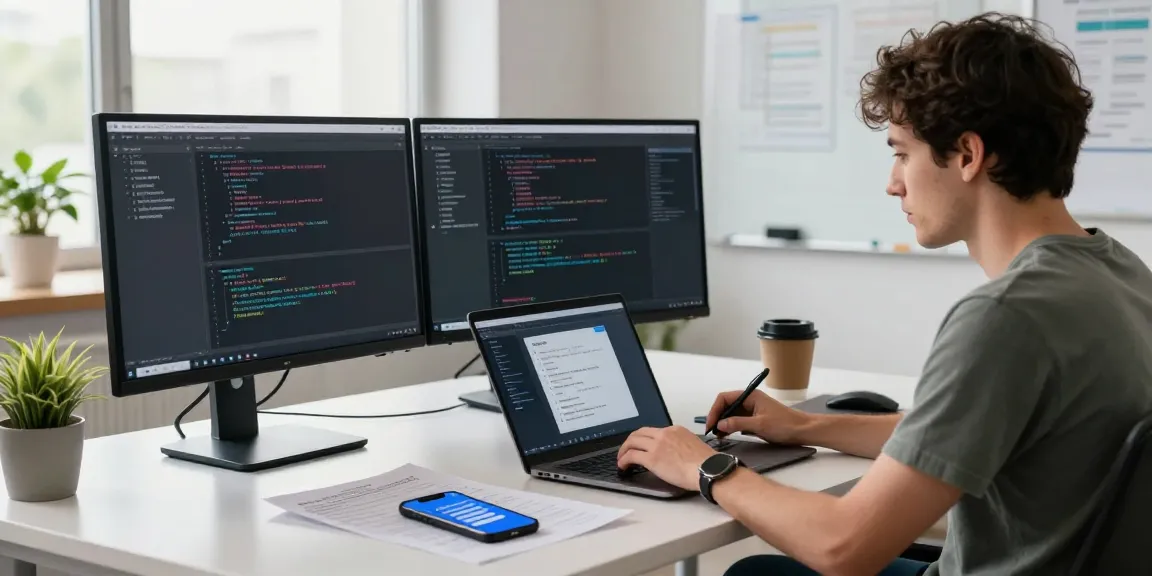 Telegram Download illustrated in a tech workspace with a programmer coding on modern monitors and referencing a technical manual.