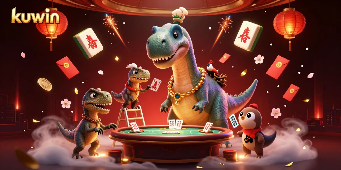 Engage with kuwin in an exciting casino scene featuring a brontosaurus and raptor at a poker table.