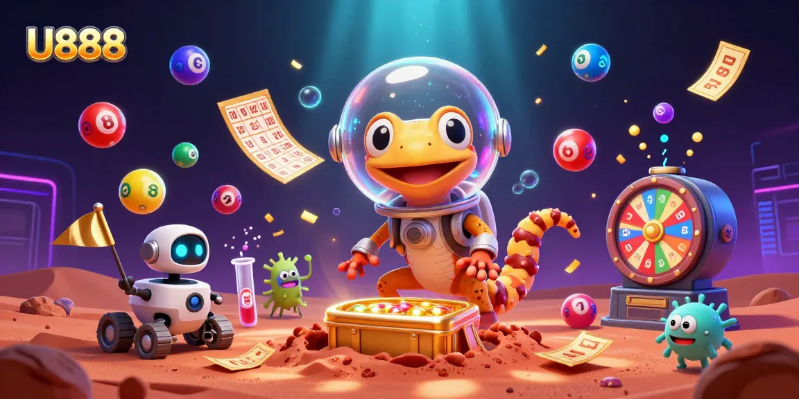 Experience vibrant gameplay at U888 with a dynamic Martian gecko discovering a buried golden casino.