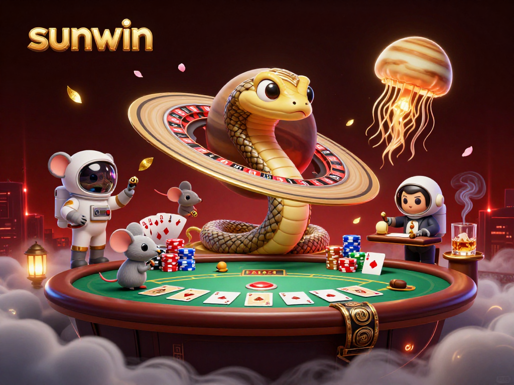 Sunwin-themed illustration of a Saturn ring snake as a roulette wheel with cosmic dealer elements.